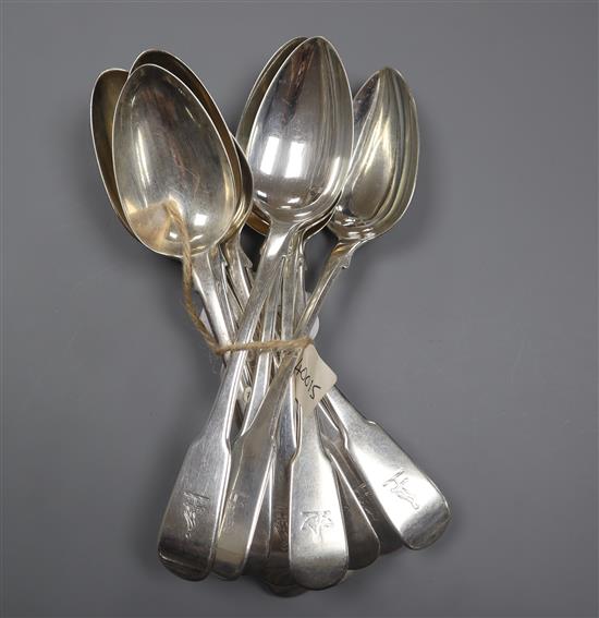 A set of six George III silver fiddle pattern tablespoons, William Bateman, London, 1818 and six similar spoons 27.5 oz.